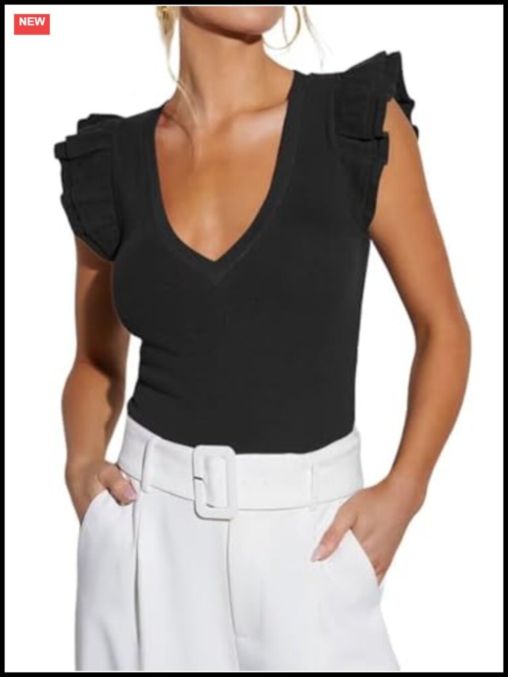 Women's Sleeveless V Neck Ruffle Ribbed Knit Tank Top Summer Blouse